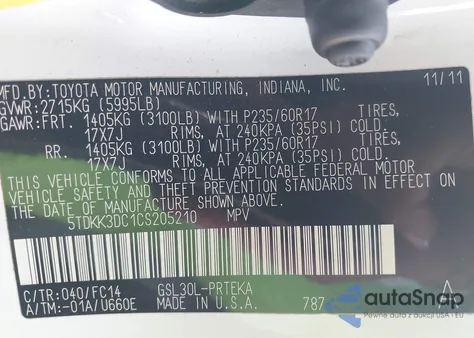 2012 Toyota Sienna Le V6 8 Passenger z USA, uszkodzony, nr VIN 5TDKK3DC1CS205210